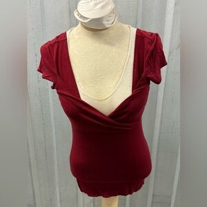 Elie Tahari Burgundy Wrap-Front Short Sleeve Top